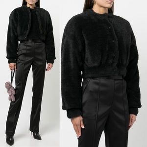Alexander Wang Fuzzy Long Sleeve Crewneck Cardigan with Quilted Inside in Black